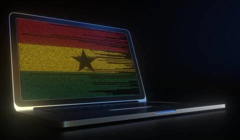 Flag of Ghana made with computer code on the laptop screen. Hacking or Stock Illustration