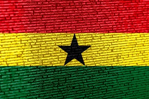 Flag of Ghana over digital code. Concept of cybersecurity, innovation, and .. Illustration