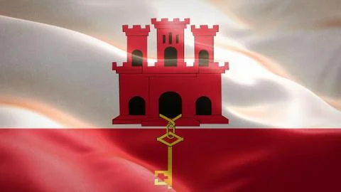 Flag of Gibraltar waving in the wind. 3D Waving flag design. Illustrazione stock