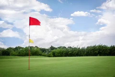 Flag on golf fairway with copyspace. Foto stock