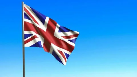 The flag of Great Britain flutters in the wind against the blue sky 3d-render Illustrazione stock