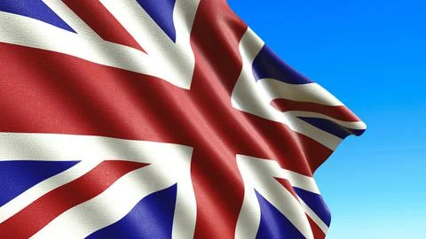 The flag of Great Britain flutters in the wind against the blue sky 3d-render Иллюстрация