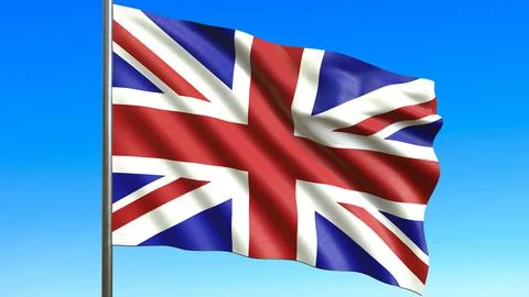The flag of Great Britain flutters in the wind against the blue sky 3d-render Stockillustratie
