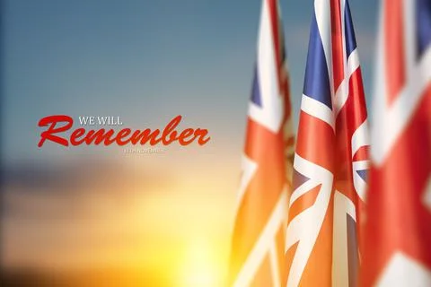 Flag of Great Britain with Text on background of sunset. Holidays of the UK. Stock Photos