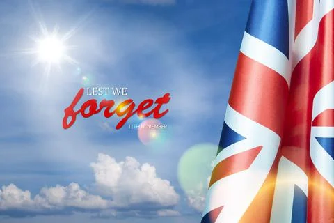 Flag of Great Britain with Text on background of blue sky. Holidays of the UK. Stock Photos