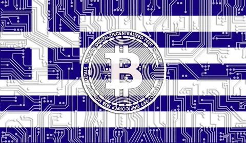 Flag of Greece and bitcoin, Integrated Circuit Board pattern. Bitcoin Stock G Illustrazione stock
