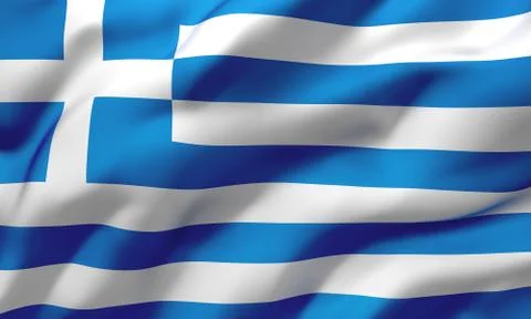Flag of Greece blowing in the wind. Full page Greek flying flag. 3D illustrat Stock Illustration
