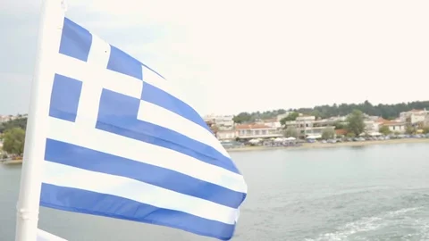 Flag of the Greece by the view from ferry Stock Footage 92541255