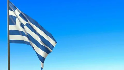 Flag of Greece waving in the wind on flagpole against the sky 3d-rendering. Ilustração Stock