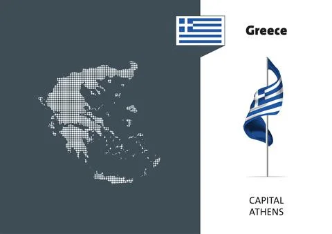 Flag of Greece on white background. Dotted map of Greece Stock Illustration