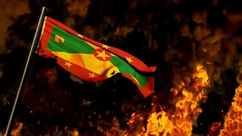 Flag of Grenada on burning fire bg - hard times concept - abstract 3D rendering Stock Illustration