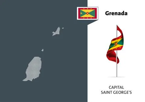 Flag of Grenada on white background. Dotted map of Grenada Stock Illustration