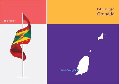 Flag of Grenada on white background with Map Stock Illustration