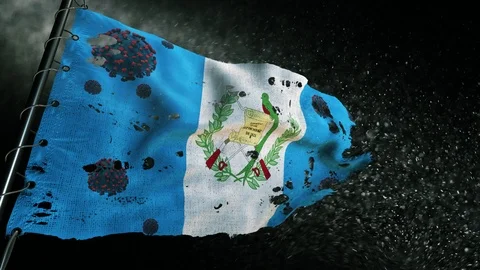 The flag of Guatemala is torn and marked with the virus of covid-19 . Stockbeeldmateriaal 127197775
