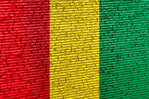 Flag of Guinea over digital code. Concept of cybersecurity, innovation, and.. Illustration