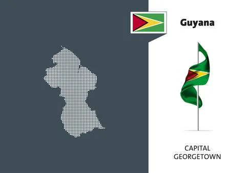 Flag of Guyana on white background. Dotted map of Guyana Stock Illustration