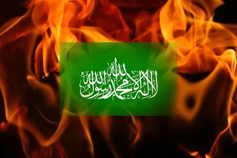 Flag Hamas on the fire flame. Hamas between Israel and Palestine. Israel 写真素材