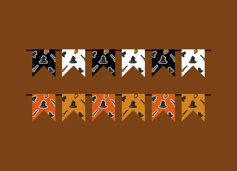 Flag with hat witch and flying broom motif for halloween decoration illustr.. Stock Illustration