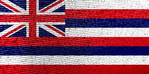 Flag of Hawaii over digital code. Concept of cybersecurity, innovation, and.. Illustration