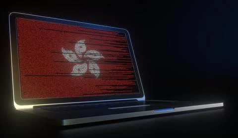 Flag of Hong Kong made with computer code on the laptop screen. Hacking or Stock Illustration