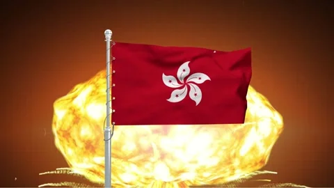 Flag of hong kong waving in front of massive nuclear explosion isolated on .. Stock Footage 341868544