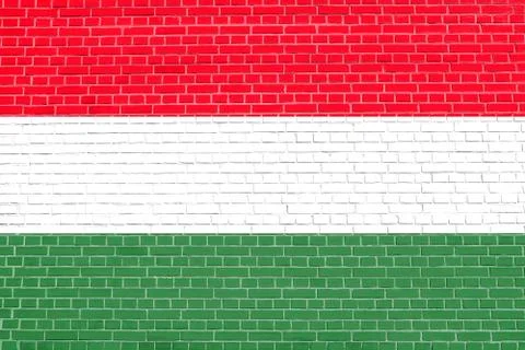 Flag of Hungary on brick wall texture background. Hungarian national flag. Illustrazione stock