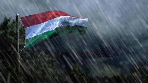 Flag of Hungary with rain and dark clouds, storm forecast symbol Stock Illustration