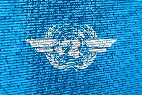 Flag of ICAO over digital code. Concept of cybersecurity, innovation, and d.. Illustration