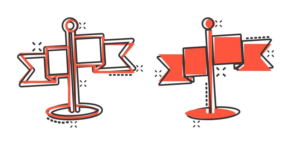 Flag icon in comic style. Pin cartoon vector illustration on white isolated b Ilustración de archivo