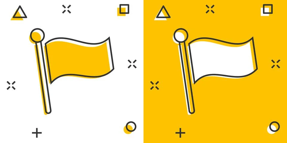 Flag icon in comic style. Pin cartoon vector illustration on white isolated b Ilustración de archivo