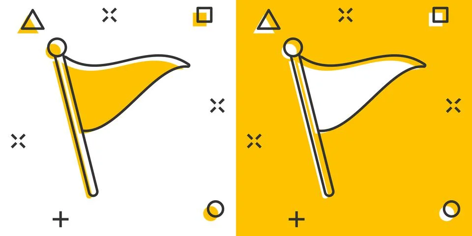 Flag icon in comic style. Pin cartoon vector illustration on white isolated b Ilustración de archivo
