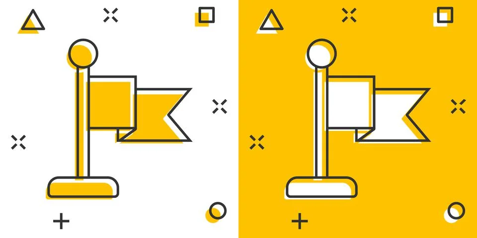 Flag icon in comic style. Pin cartoon vector illustration on white isolated b Ilustración de archivo