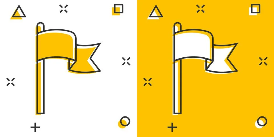Flag icon in comic style. Pin cartoon vector illustration on white isolated b Ilustración de archivo