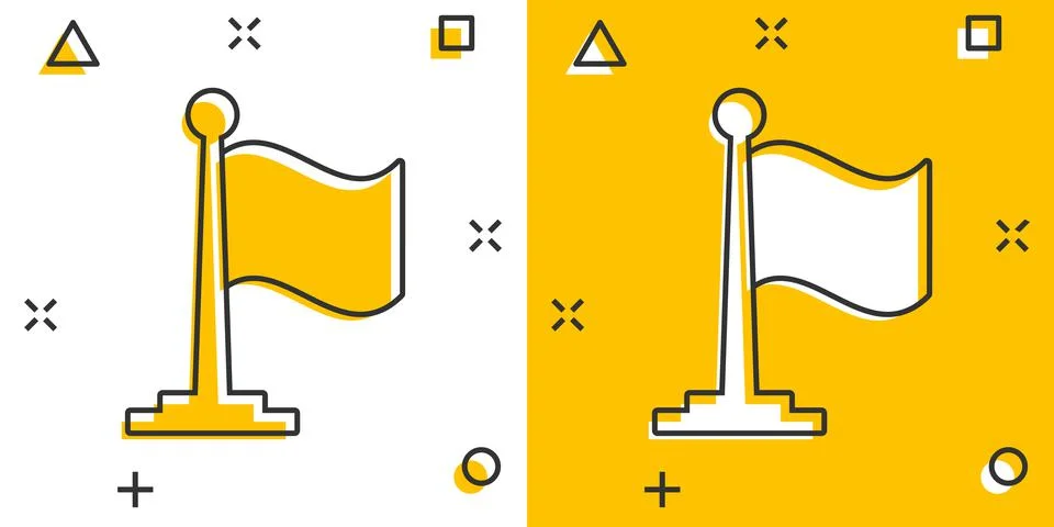 Flag icon in comic style. Pin cartoon vector illustration on white isolated b Ilustración de archivo