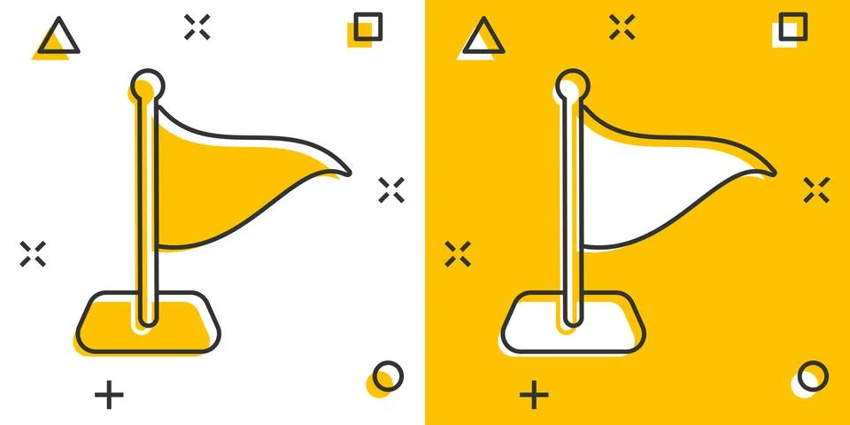 Flag icon in comic style. Pin cartoon vector illustration on white isolated b Ilustración de archivo