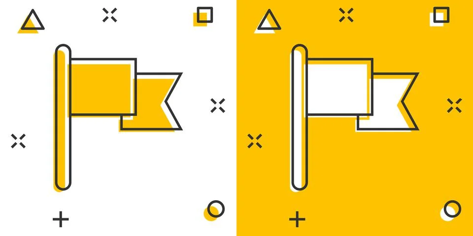Flag icon in comic style. Pin cartoon vector illustration on white isolated b Ilustración de archivo