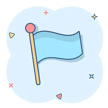 Flag icon in comic style. Pin cartoon vector illustration on white isolated b Ilustración de archivo