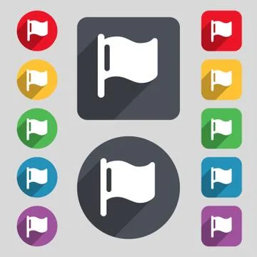 Flag  icon sign. A set of 12 colored buttons and a long shadow. Flat design.  Illustrazione stock