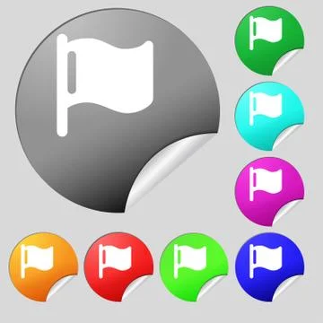 Flag icon sign. Set of eight multi-colored round buttons, stickers. Stock Illustration