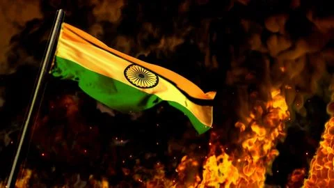 Flag of India on burning fire background - hard times concept 스톡 일러스트