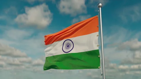 The flag of India flutters in the gentle wind, the camera flies around it. sunny Stock Footage 242405393