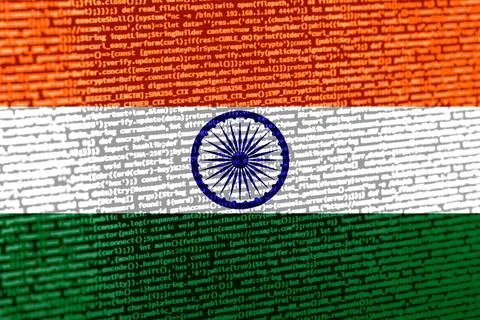 Flag of India over digital code. Concept of cybersecurity, innovation, and .. Illustration