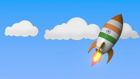Flag of India on rocket flying high in the sky. Indian success or space program Stock-Illustration