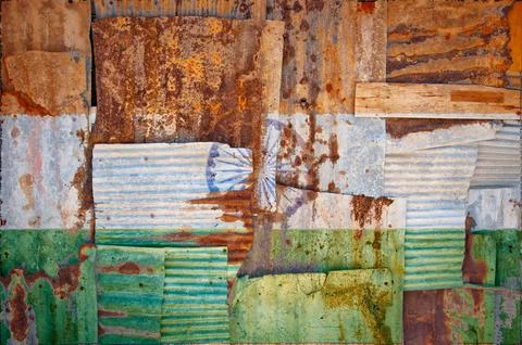 Flag of India on rusty corrugated iron sheets forming a wall or a fence Stock Illustration
