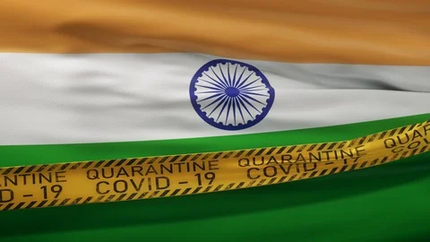 Flag of India waving on wind with Covid-19 quarantine tape Stock Footage 127722723