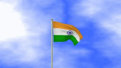 Flag of india waving in the wind with pole and blue sky background Stock Footage 124942873