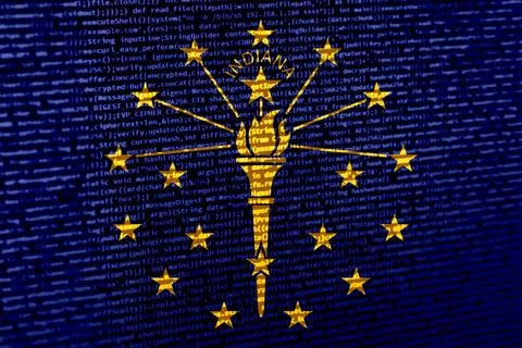 Flag of Indiana over digital code. Concept of cybersecurity, innovation, an.. Illustration