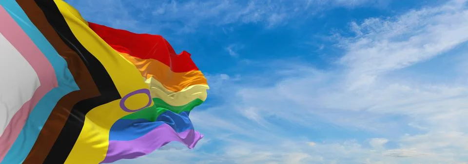 Flag of Inter Progress Pride waving in the wind at cloudy sky. Freedom and lo Stock Illustration