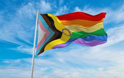 Flag of Inter Progress Pride waving in the wind at cloudy sky. Freedom and lo Stock Illustration