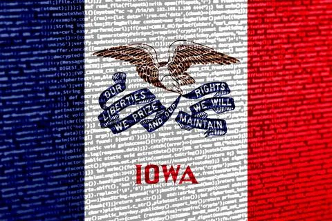Flag of Iowa over digital code. Concept of cybersecurity, innovation, and d.. Illustration